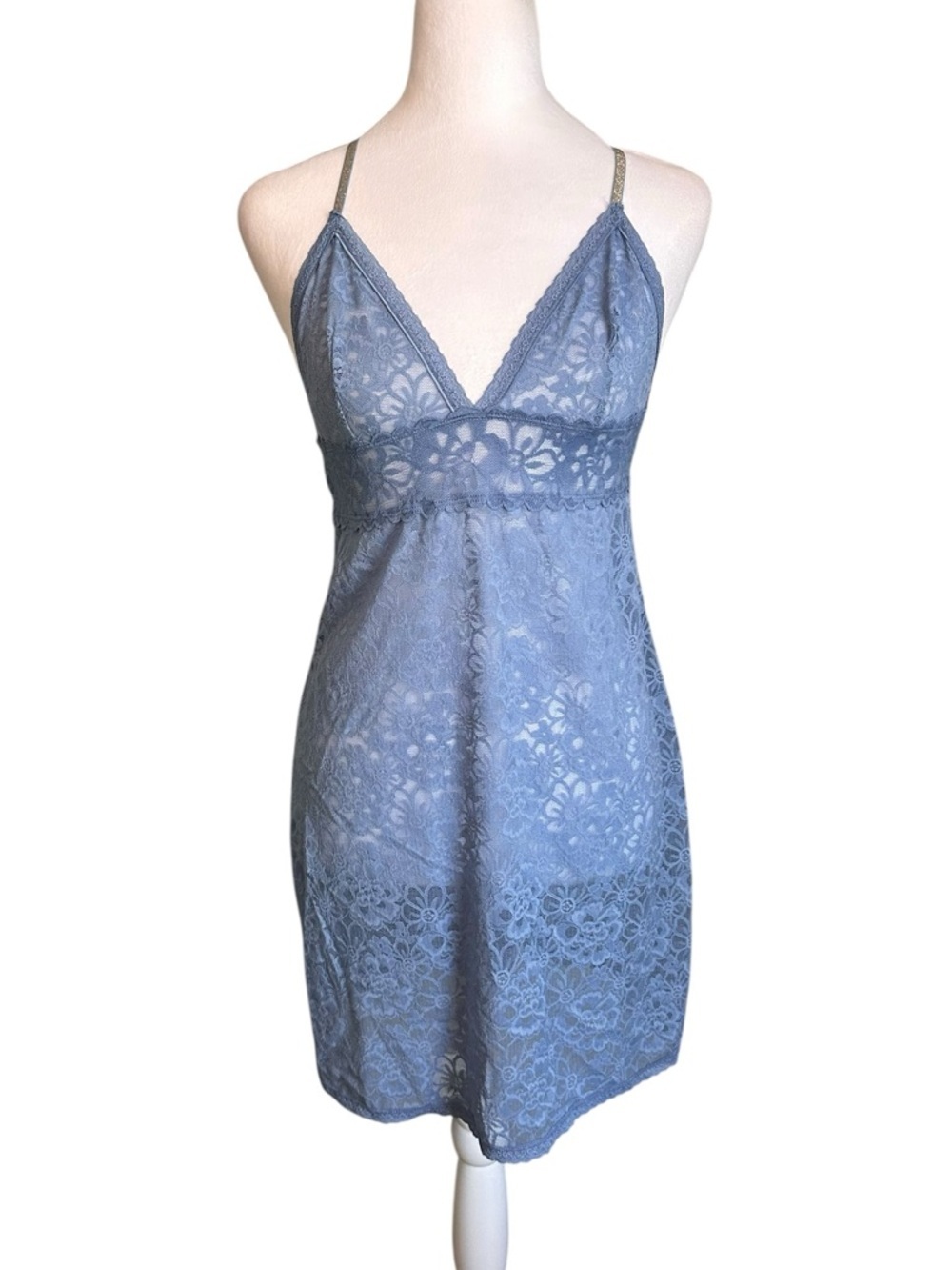 Victoria Secret Light Blue Floral Lace Metallic Strap Babydoll Lingerie Sz M NWT